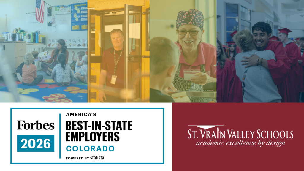 Collage showcasing St. Vrain Valley Schools, highlighting education, staff, and student achievements. Forbes 2026 recognition.